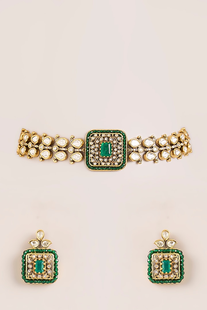 Two-Tone FInish Kundan Polki & Green Stone Choker Necklace Set by Zevar By Geeta at Pernia's Pop Up Shop
