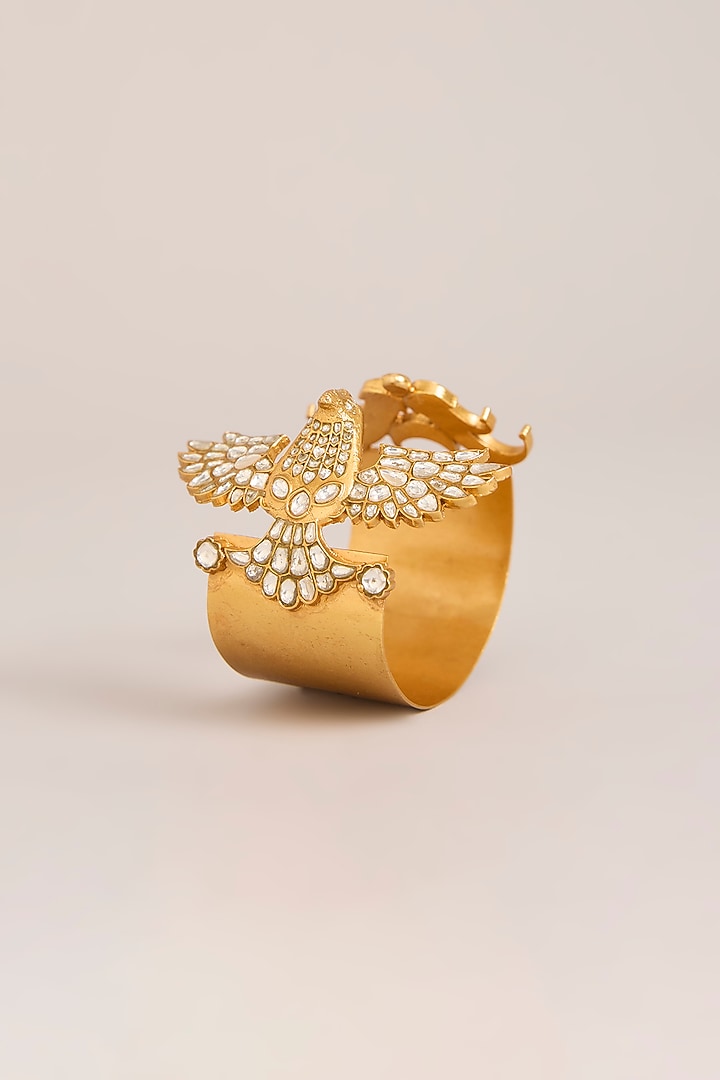 Gold Finish Kundan Polki Bird-Shape Openable Cuff by Zevar By Geeta at Pernia's Pop Up Shop
