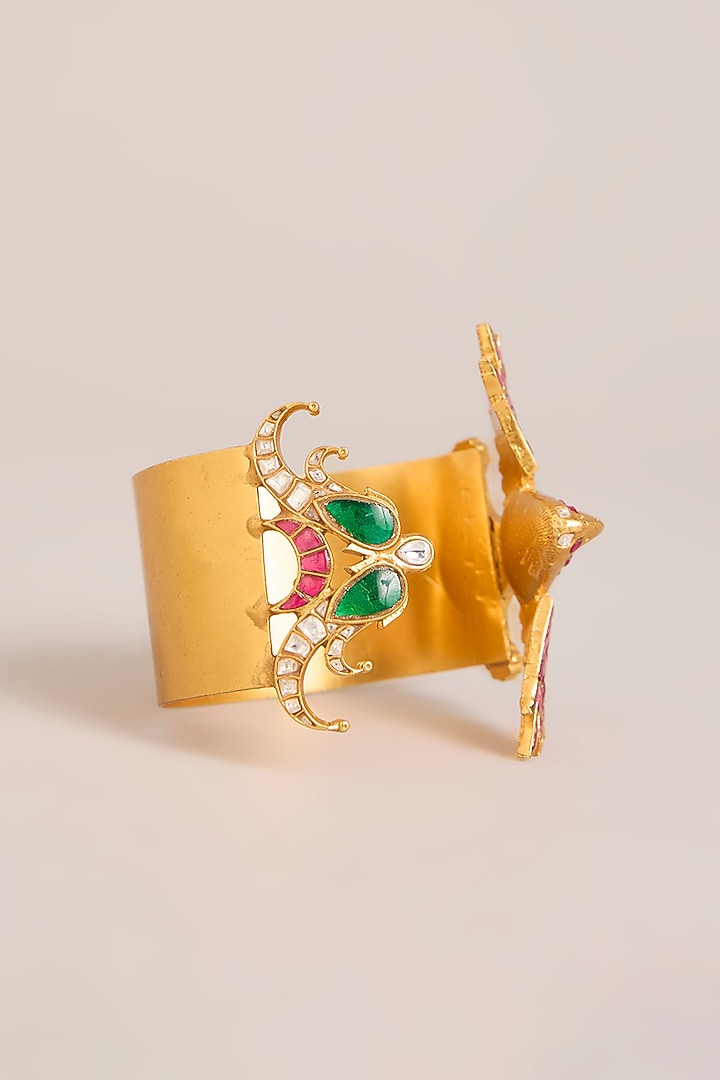 Gold Finish Multi-Colored Kundan Polki Bird-Shape Openable Cuff by Zevar By Geeta at Pernia's Pop Up Shop