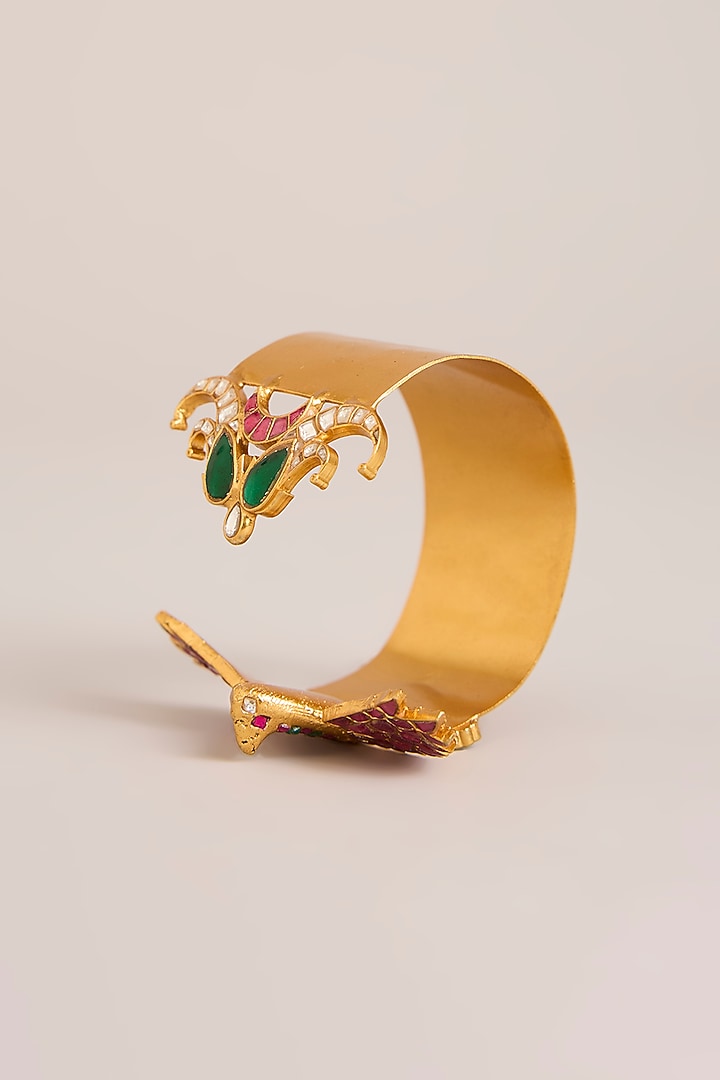 Gold Finish Multi-Colored Kundan Polki Bird-Shape Openable Cuff by Zevar By Geeta at Pernia's Pop Up Shop