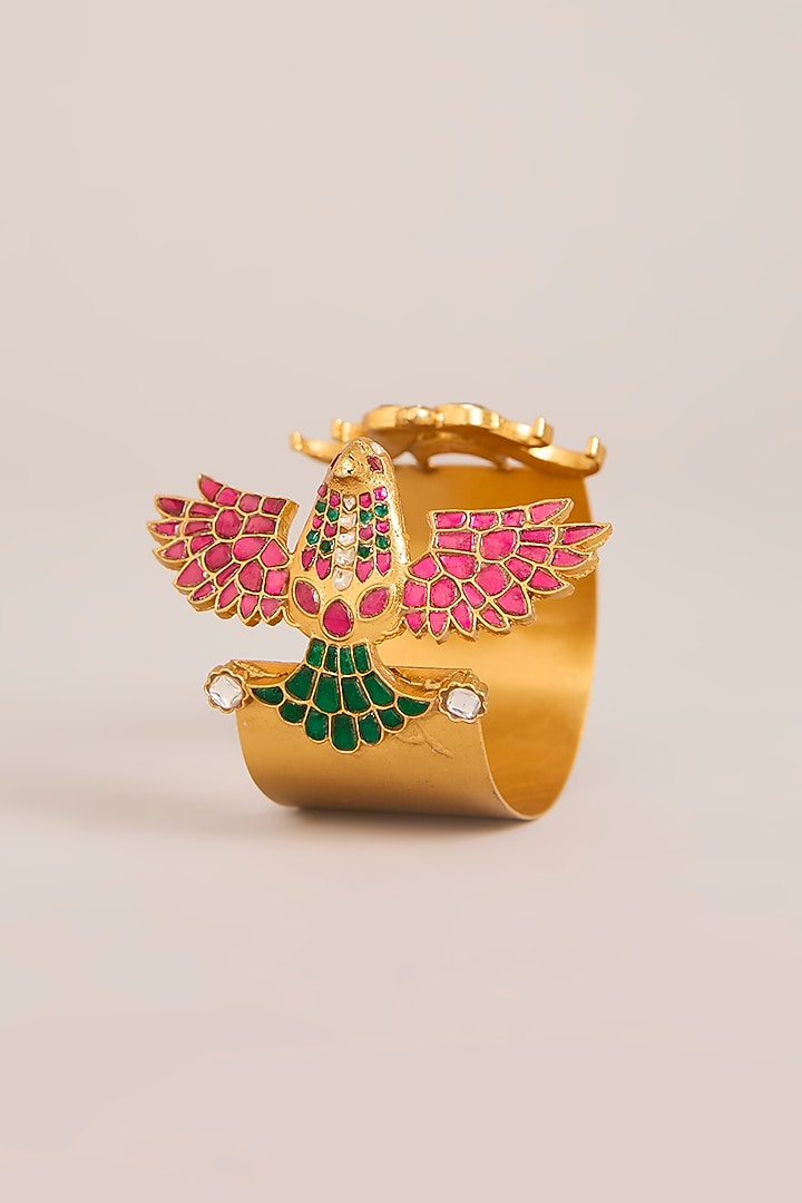 Gold Finish Multi-Colored Kundan Polki Bird-Shape Openable Cuff by Zevar By Geeta at Pernia's Pop Up Shop