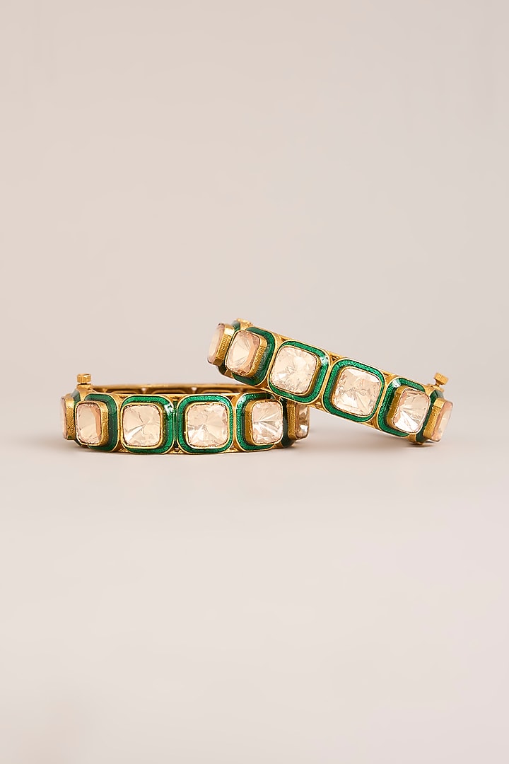 Gold Finish Kundan Polki Green Meenakari Openable Kada by Zevar By Geeta at Pernia's Pop Up Shop