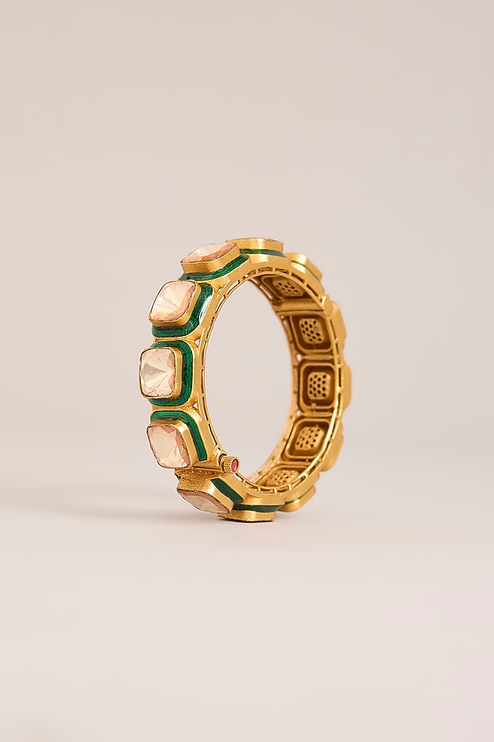 Gold Finish Kundan Polki Green Meenakari Openable Kada by Zevar By Geeta at Pernia's Pop Up Shop
