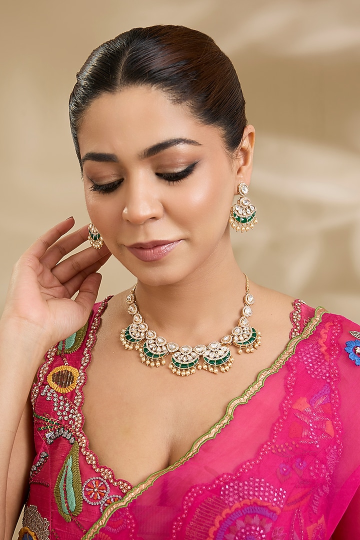 Gold Finish Kundan Polki & Green Meenakari Necklace Set by Zevar By Geeta at Pernia's Pop Up Shop
