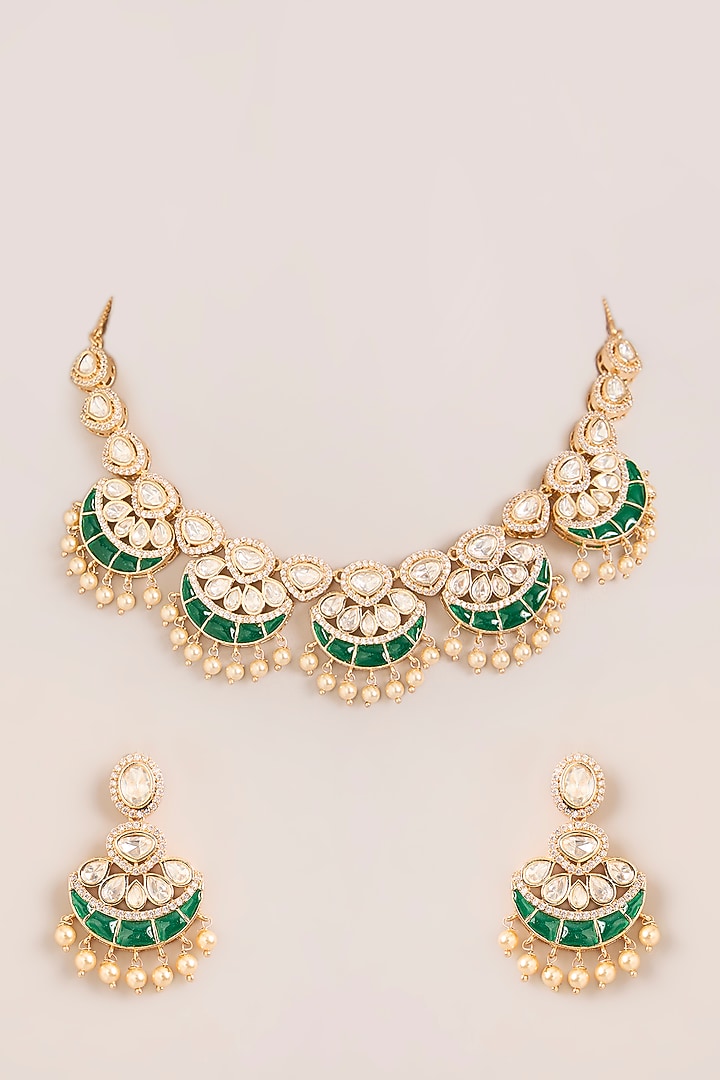 Gold Finish Kundan Polki & Green Meenakari Necklace Set by Zevar By Geeta at Pernia's Pop Up Shop