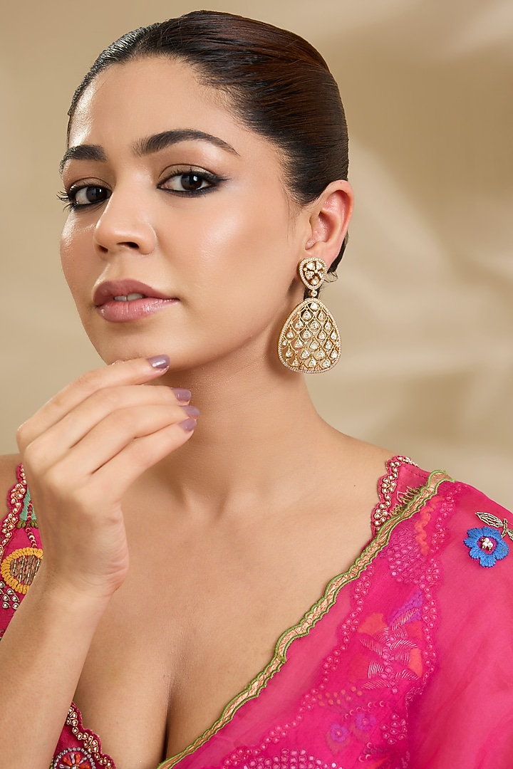 Two-Tone Finish Kundan Polki Tear-Drop Shaped Earrings by Zevar By Geeta at Pernia's Pop Up Shop