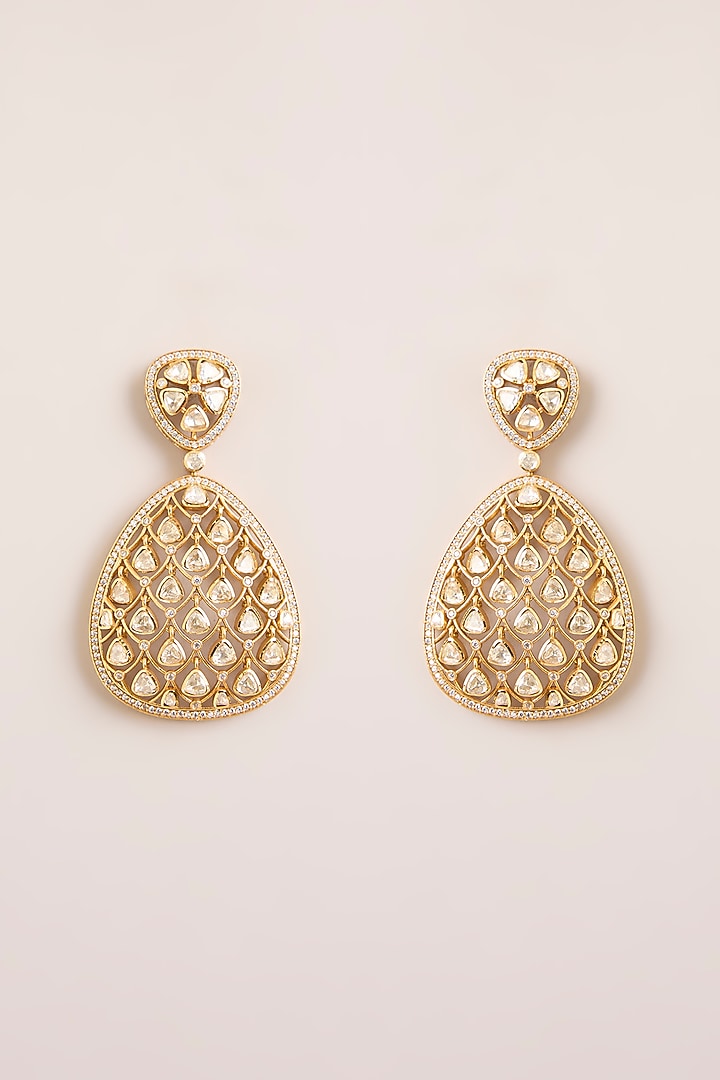 Two-Tone Finish Kundan Polki Tear-Drop Shaped Earrings by Zevar By Geeta at Pernia's Pop Up Shop