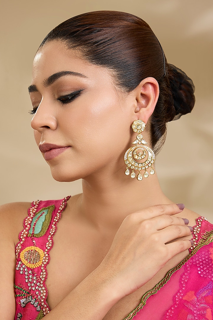 Gold Finish Kundan Polki Floral Chandbali Earrings by Zevar By Geeta at Pernia's Pop Up Shop
