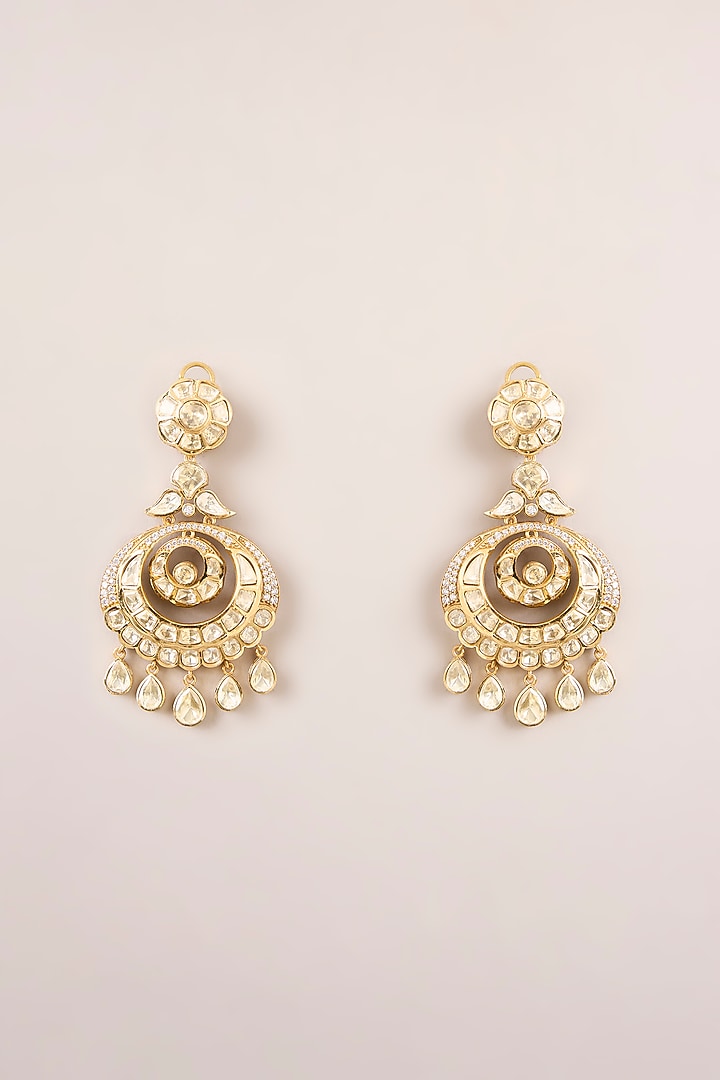 Gold Finish Kundan Polki Floral Chandbali Earrings by Zevar By Geeta at Pernia's Pop Up Shop