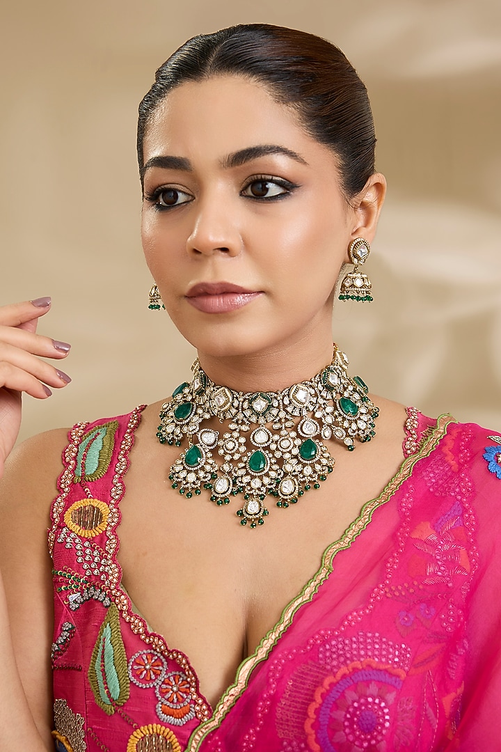 Two-Tone Finish Kundan Polki & Green Stone Necklace Set by Zevar By Geeta at Pernia's Pop Up Shop