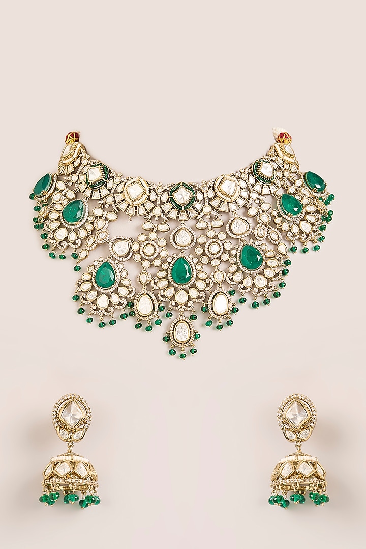 Two-Tone Finish Kundan Polki & Green Stone Necklace Set by Zevar By Geeta at Pernia's Pop Up Shop