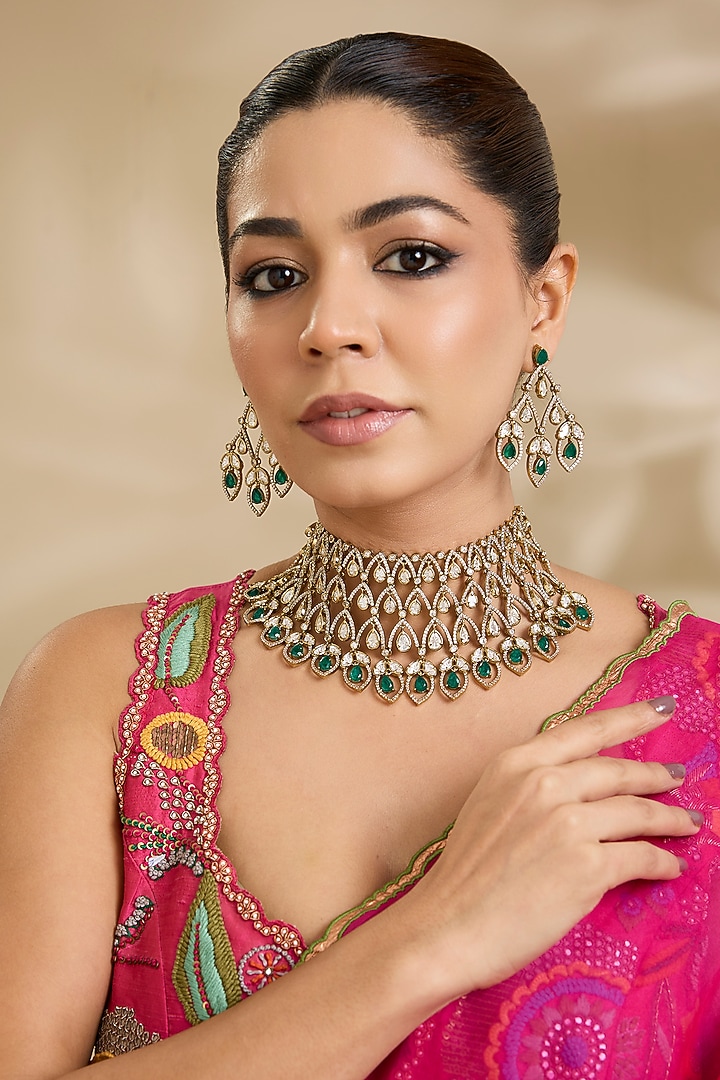 Two-Tone Finish Kundan Polki & Green Stone Layered Necklace Set by Zevar By Geeta at Pernia's Pop Up Shop