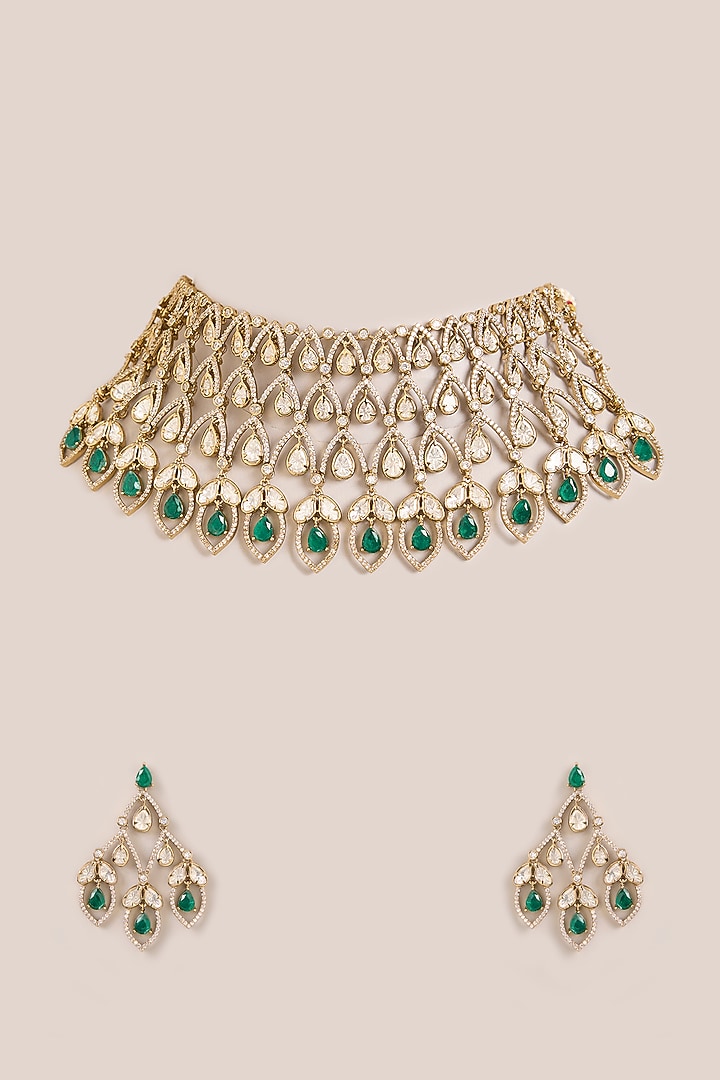 Two-Tone Finish Kundan Polki & Green Stone Layered Necklace Set by Zevar By Geeta at Pernia's Pop Up Shop