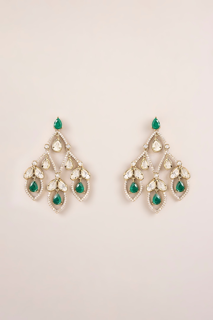 Two-Tone Finish Kundan Polki & Green Stone Layered Necklace Set by Zevar By Geeta at Pernia's Pop Up Shop