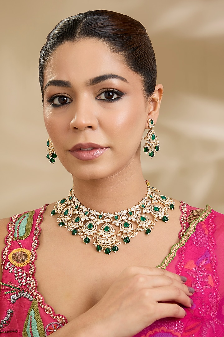 Gold Finish Kundan Polki & Green Stone Necklace Set by Zevar By Geeta at Pernia's Pop Up Shop