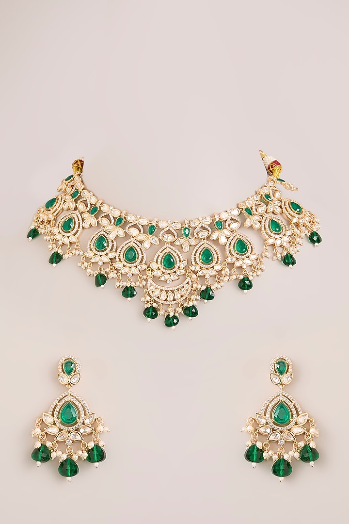 Gold Finish Kundan Polki & Green Stone Necklace Set by Zevar By Geeta at Pernia's Pop Up Shop