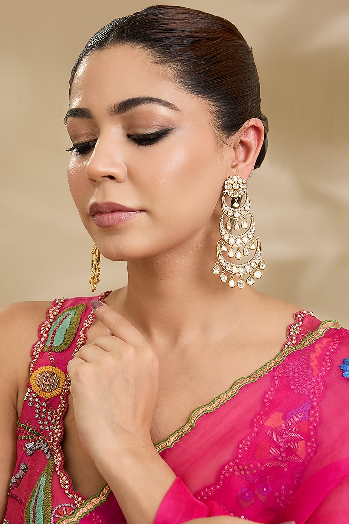 Gold Finish Kundan Polki Chandbali Earrings by Zevar By Geeta at Pernia's Pop Up Shop