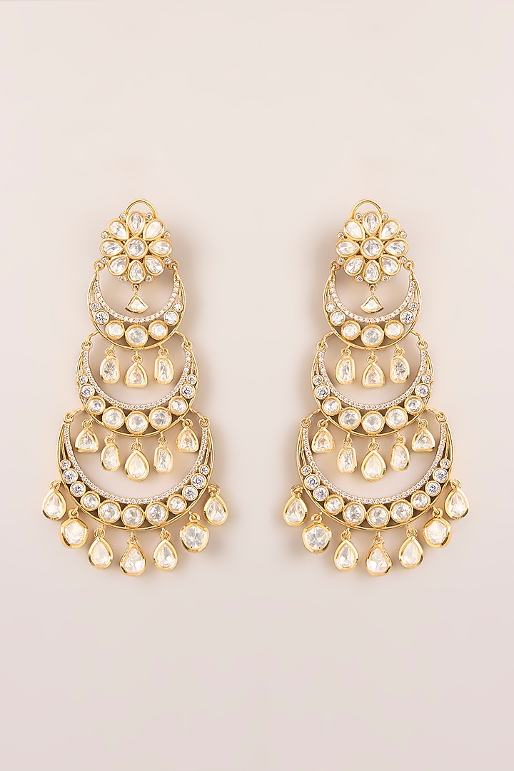 Gold Finish Kundan Polki Chandbali Earrings by Zevar By Geeta at Pernia's Pop Up Shop