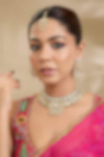 Gold Finish Kundan Polki & Pearl Handcrafted Necklace Set by Zevar By Geeta at Pernia's Pop Up Shop
