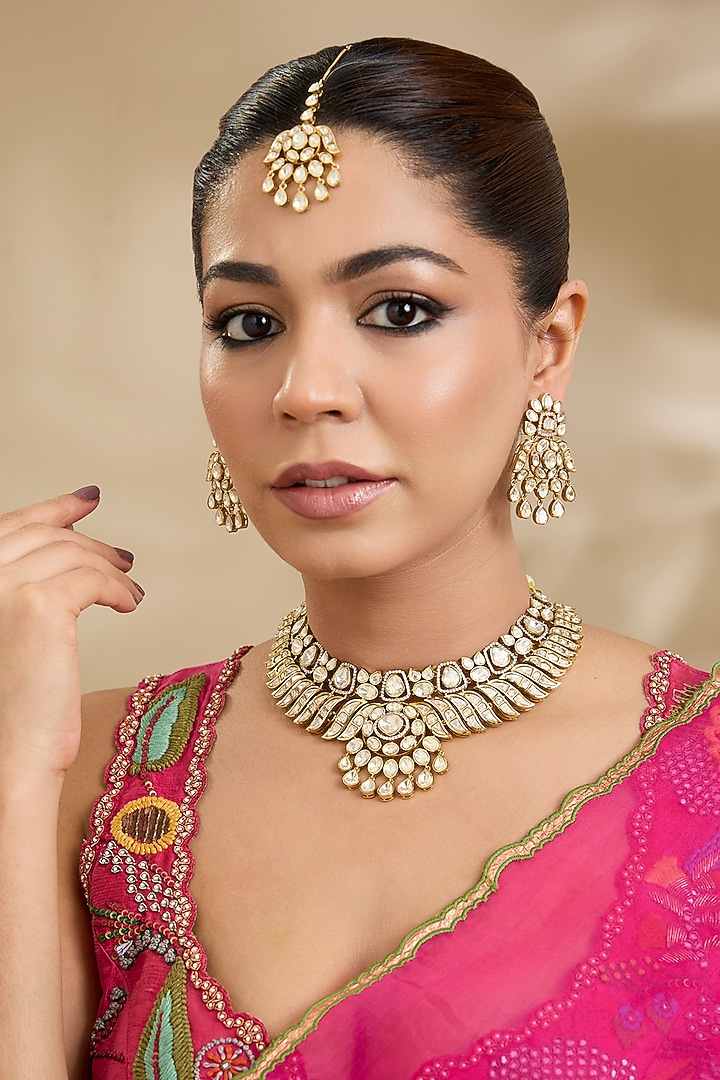 Gold Finish Kundan Polki & Pearl Handcrafted Necklace Set by Zevar By Geeta at Pernia's Pop Up Shop