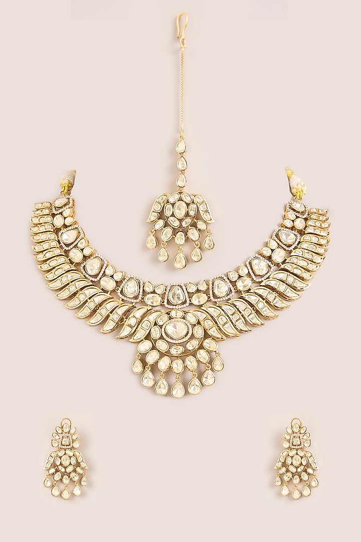 Gold Finish Kundan Polki & Pearl Handcrafted Necklace Set by Zevar By Geeta at Pernia's Pop Up Shop