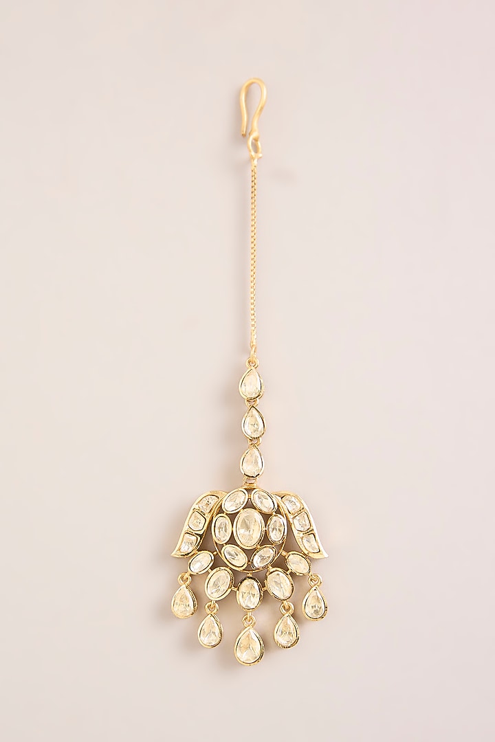 Gold Finish Kundan Polki & Pearl Handcrafted Necklace Set by Zevar By Geeta at Pernia's Pop Up Shop