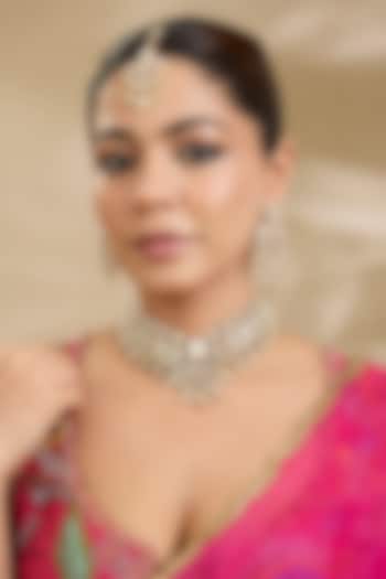Gold Finish Kundan Polki & Pearl Handcrafted Necklace Set by Zevar By Geeta at Pernia's Pop Up Shop