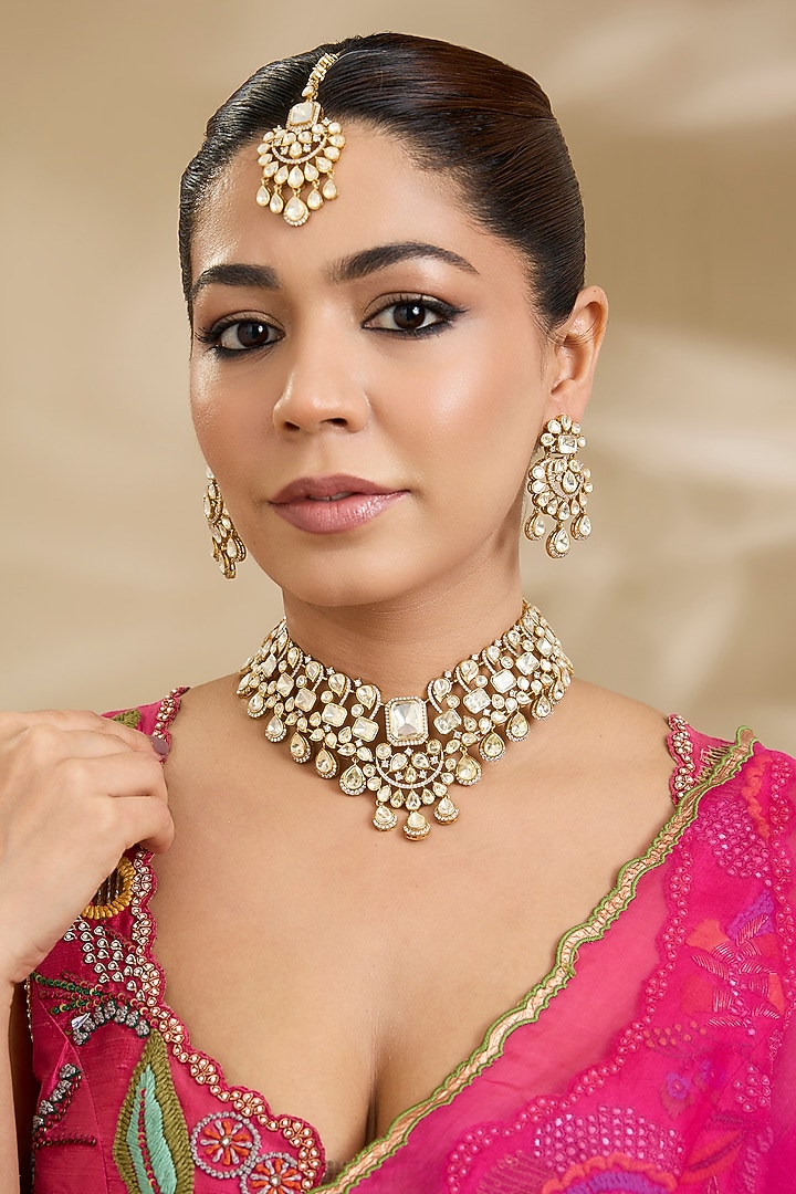 Gold Finish Kundan Polki & Pearl Handcrafted Necklace Set by Zevar By Geeta at Pernia's Pop Up Shop