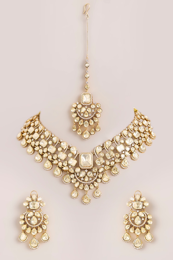 Gold Finish Kundan Polki & Pearl Handcrafted Necklace Set by Zevar By Geeta at Pernia's Pop Up Shop