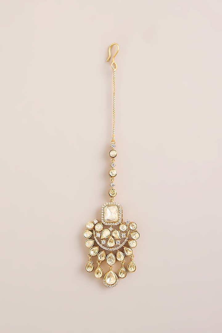 Gold Finish Kundan Polki & Pearl Handcrafted Necklace Set by Zevar By Geeta at Pernia's Pop Up Shop