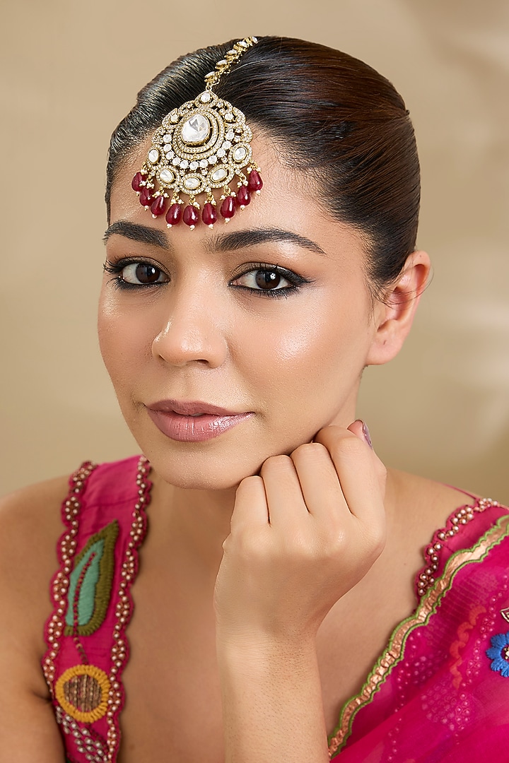 Gold Finish Kundan Polki & Red Beaded Openable Kada by Zevar By Geeta at Pernia's Pop Up Shop
