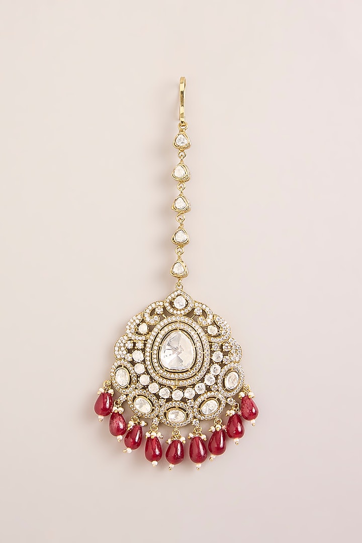 Gold Finish Kundan Polki & Red Beaded Openable Kada by Zevar By Geeta at Pernia's Pop Up Shop