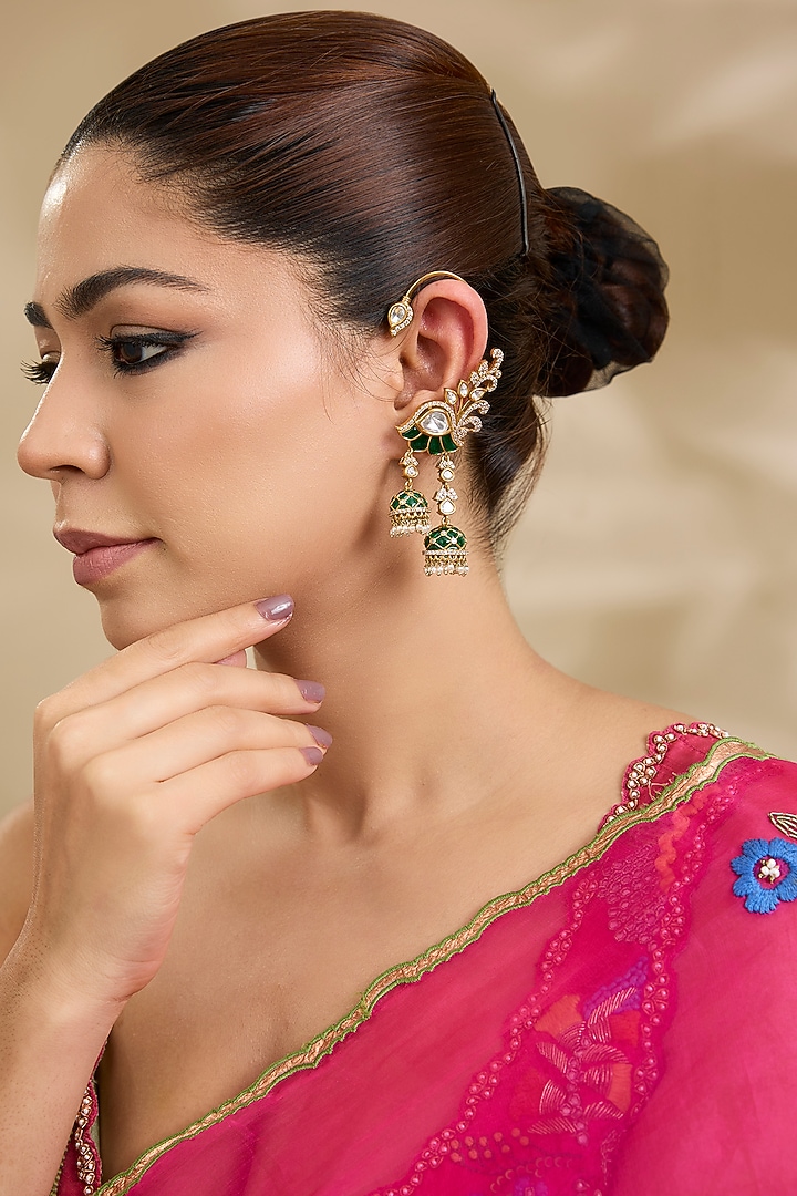 Gold Finish Kundan Polki & Pearl Green Meenakari Earcuffs by Zevar By Geeta at Pernia's Pop Up Shop