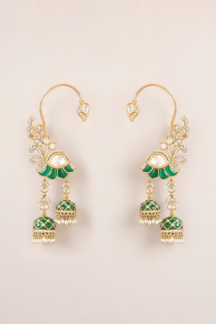 Gold Finish Kundan Polki & Pearl Green Meenakari Earcuffs by Zevar By Geeta at Pernia's Pop Up Shop