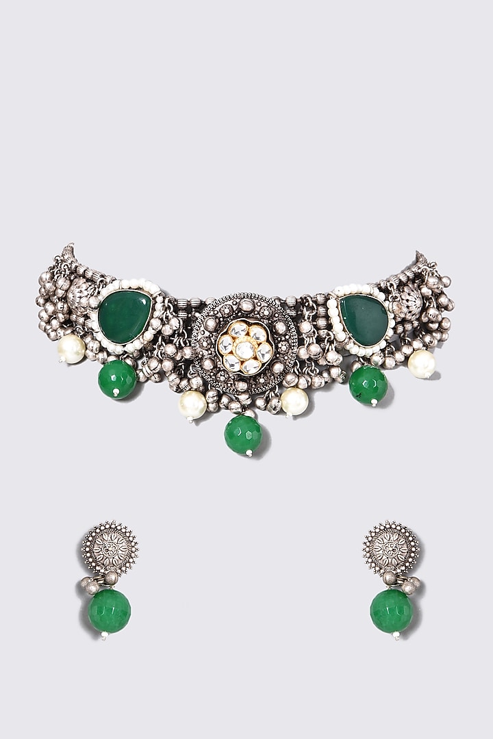 Oxidised Kundan Polki & Green Stone Choker Necklace Set by Zevar By Geeta at Pernia's Pop Up Shop