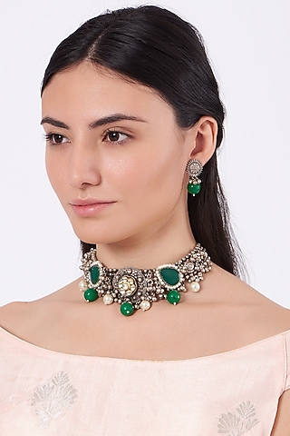 Oxidised Kundan Polki & Green Stone Choker Necklace Set by Zevar By Geeta