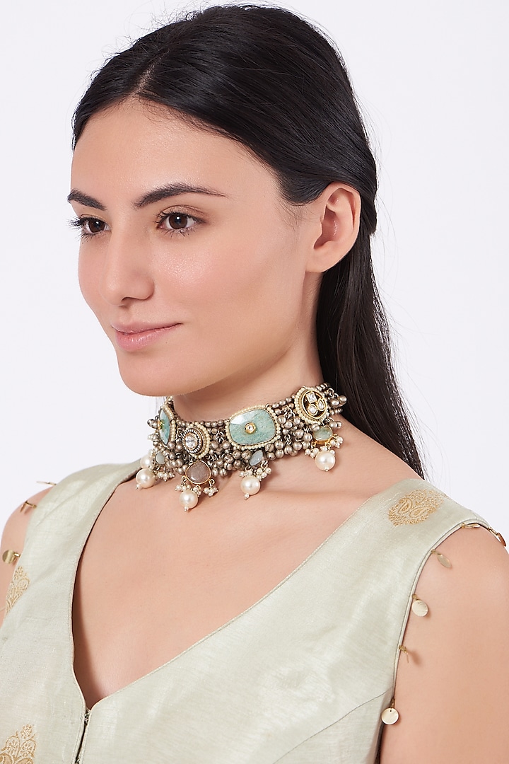 Oxidised Kundan Polki & Semi-Precious Stone Meenakari Choker Necklace by Zevar By Geeta at Pernia's Pop Up Shop