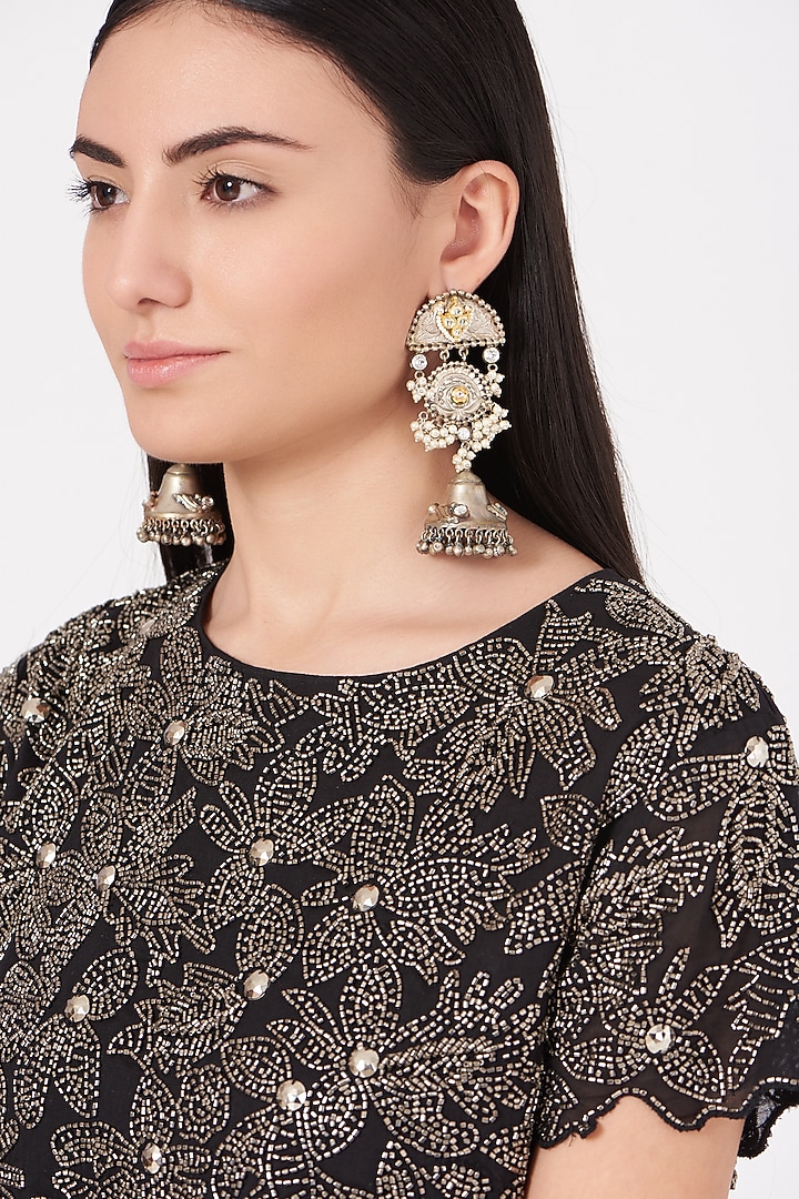 Oxidised Kundan Polki & Pearl Jhumka Earrings by Zevar By Geeta at Pernia's Pop Up Shop