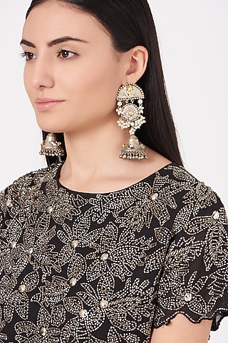 Oxidised Kundan Polki & Pearl Jhumka Earrings by Zevar By Geeta