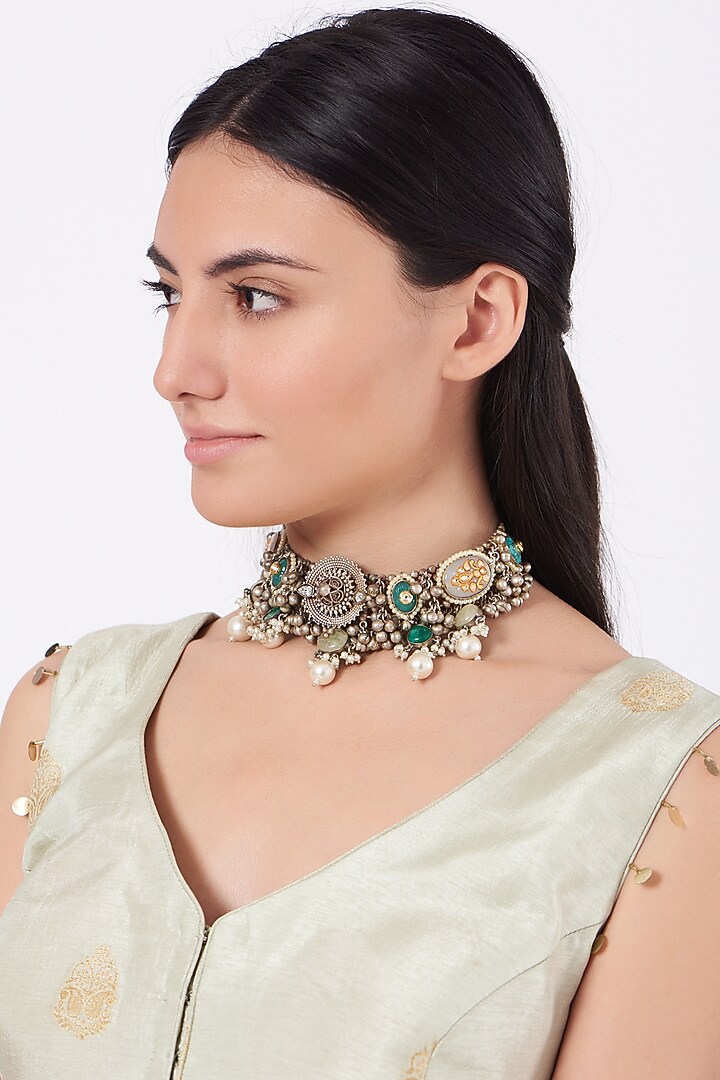 Oxidised Kundan Polki & Semi-Precious Stone Meenakari Choker Necklace by Zevar By Geeta at Pernia's Pop Up Shop