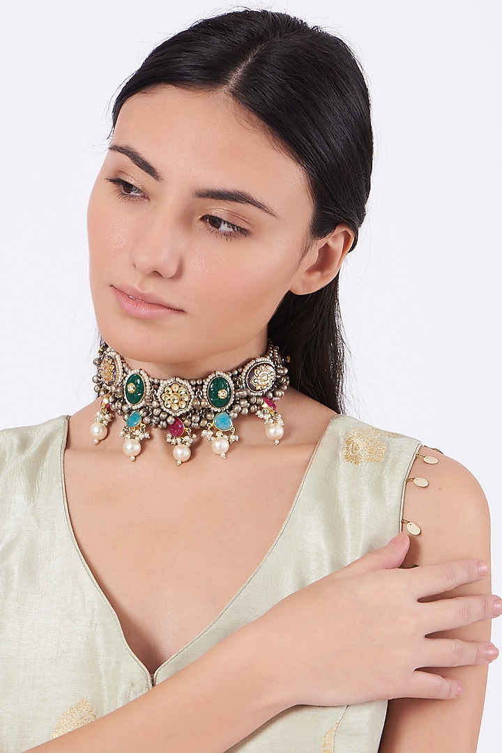 Oxidised Kundan Polki & Semi-Precious Stone Meenakari Choker Necklace by Zevar By Geeta at Pernia's Pop Up Shop