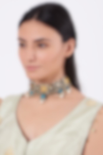 Oxidised Kundan Polki & Semi-Precious Stone Meenakari Choker Necklace by Zevar By Geeta at Pernia's Pop Up Shop