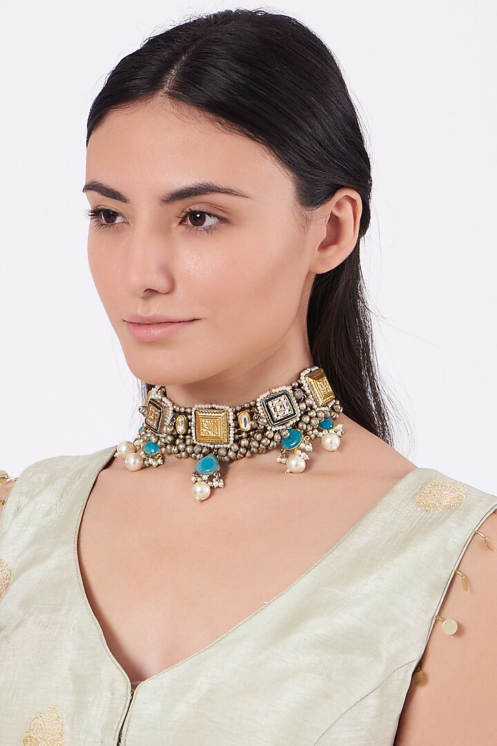 Oxidised Kundan Polki & Semi-Precious Stone Meenakari Choker Necklace by Zevar By Geeta at Pernia's Pop Up Shop