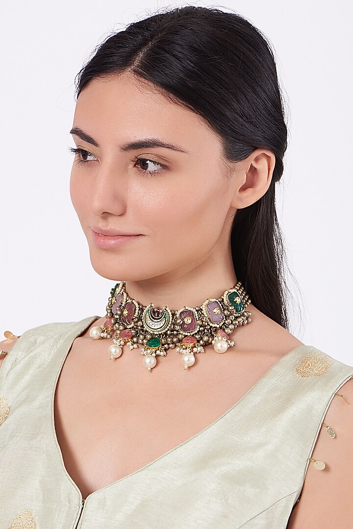 Oxidised Kundan Polki & Semi-Precious Stone Meenakari Choker Necklace by Zevar By Geeta at Pernia's Pop Up Shop