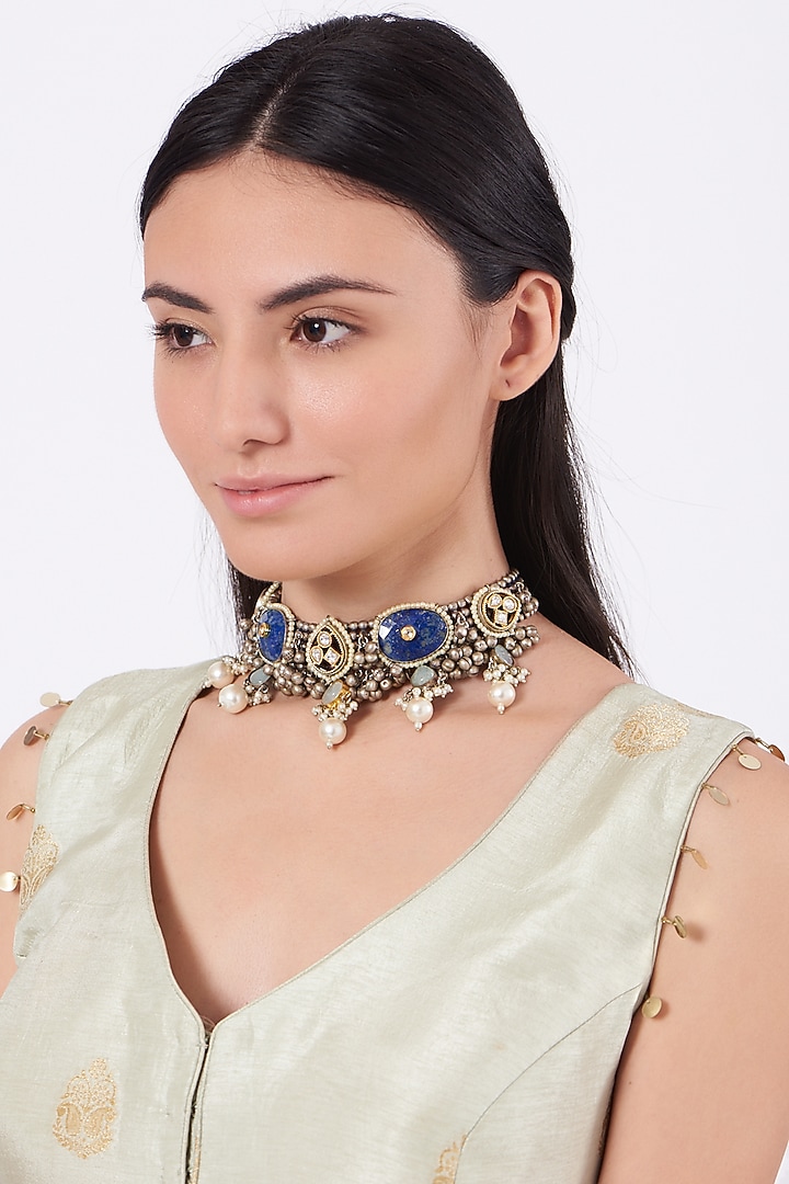 Oxidised Kundan Polki & Semi Precious Stone Meenakari Choker Necklace by Zevar By Geeta at Pernia's Pop Up Shop
