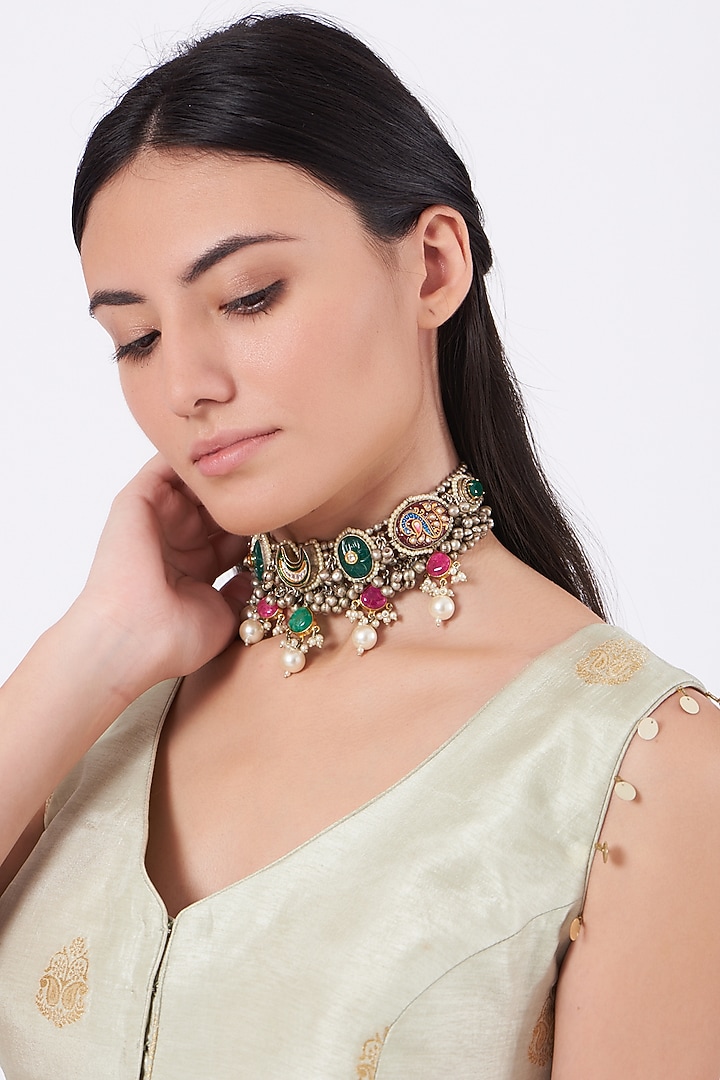 Oxidised Kundan Polki & Semi Precious Stone Choker Necklace by Zevar By Geeta at Pernia's Pop Up Shop