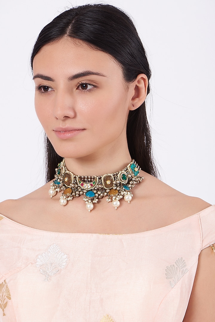 Oxidised Kundan Polki Meenakari Choker Necklace by Zevar By Geeta at Pernia's Pop Up Shop