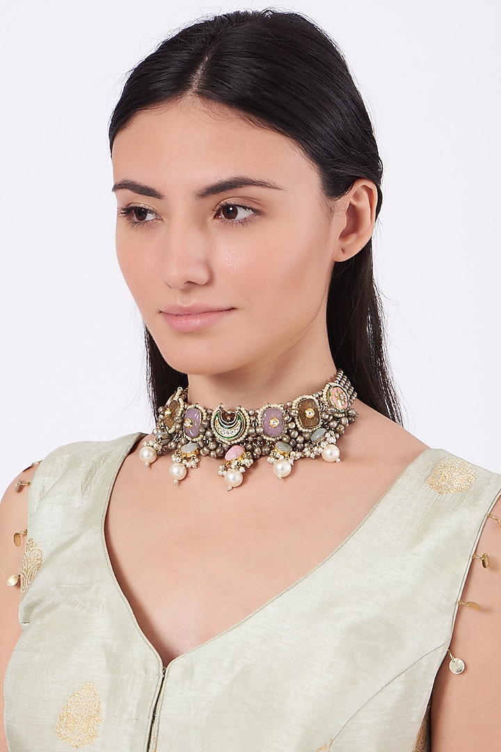 Oxidised Kundan Polki & Semi Precious Stone Meenakari Choker Necklace by Zevar By Geeta at Pernia's Pop Up Shop