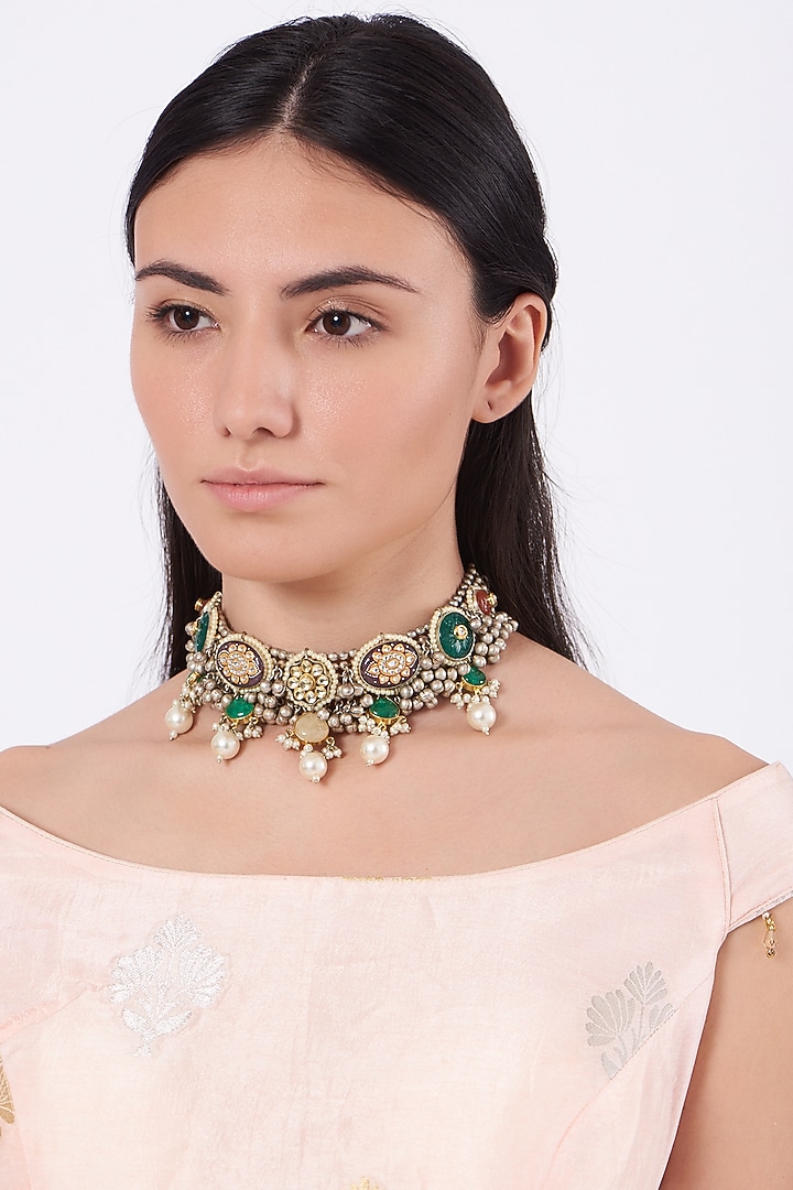 Oxidised Kundan Polki Meenakari Choker Necklace by Zevar By Geeta at Pernia's Pop Up Shop
