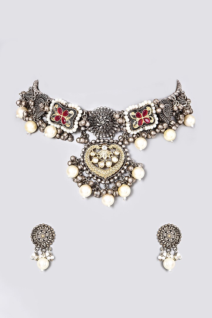 Oxidised Pearl & Kundan Polki Choker Necklace Set by Zevar By Geeta at Pernia's Pop Up Shop